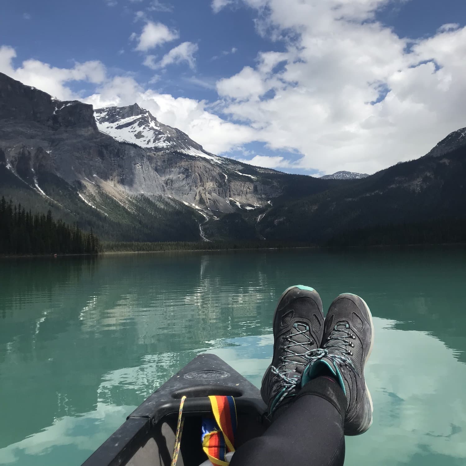 shoes on boat in emerald lake