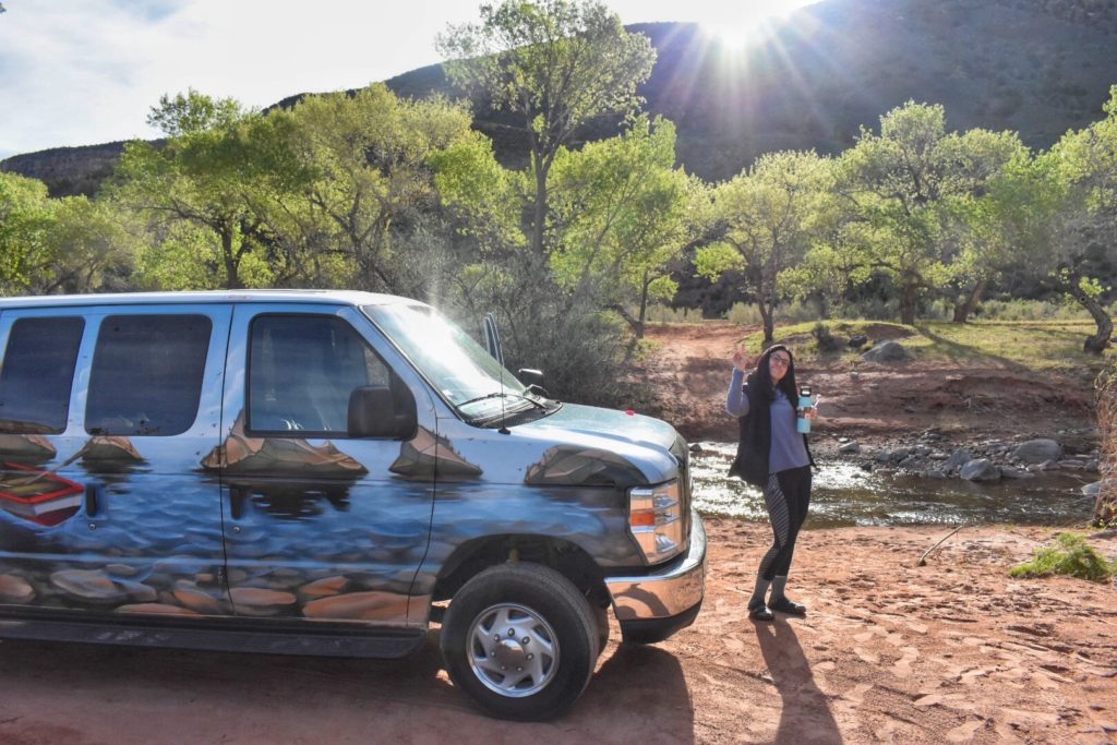 campervan and girl at campground outside zion