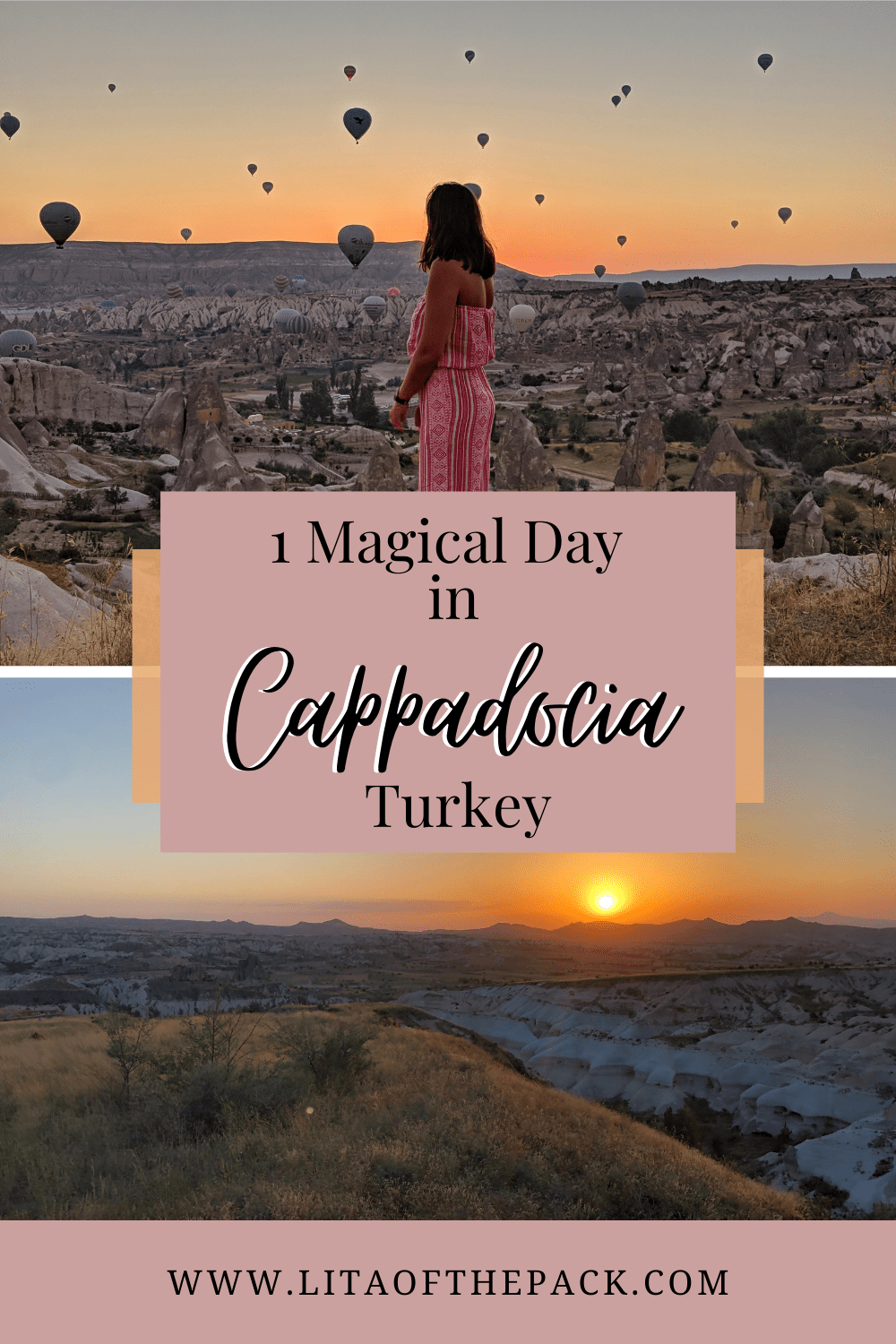 two pictures of Cappadocia, one with girl and balloons and another of sunset