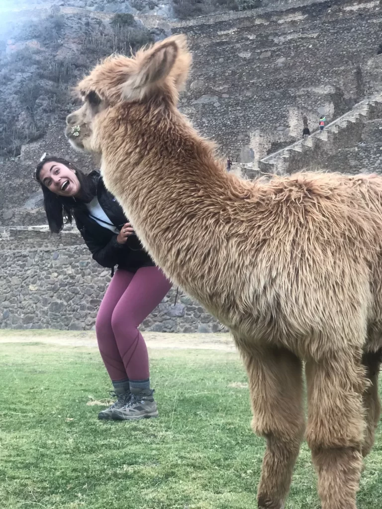 girl crouching in front of llama