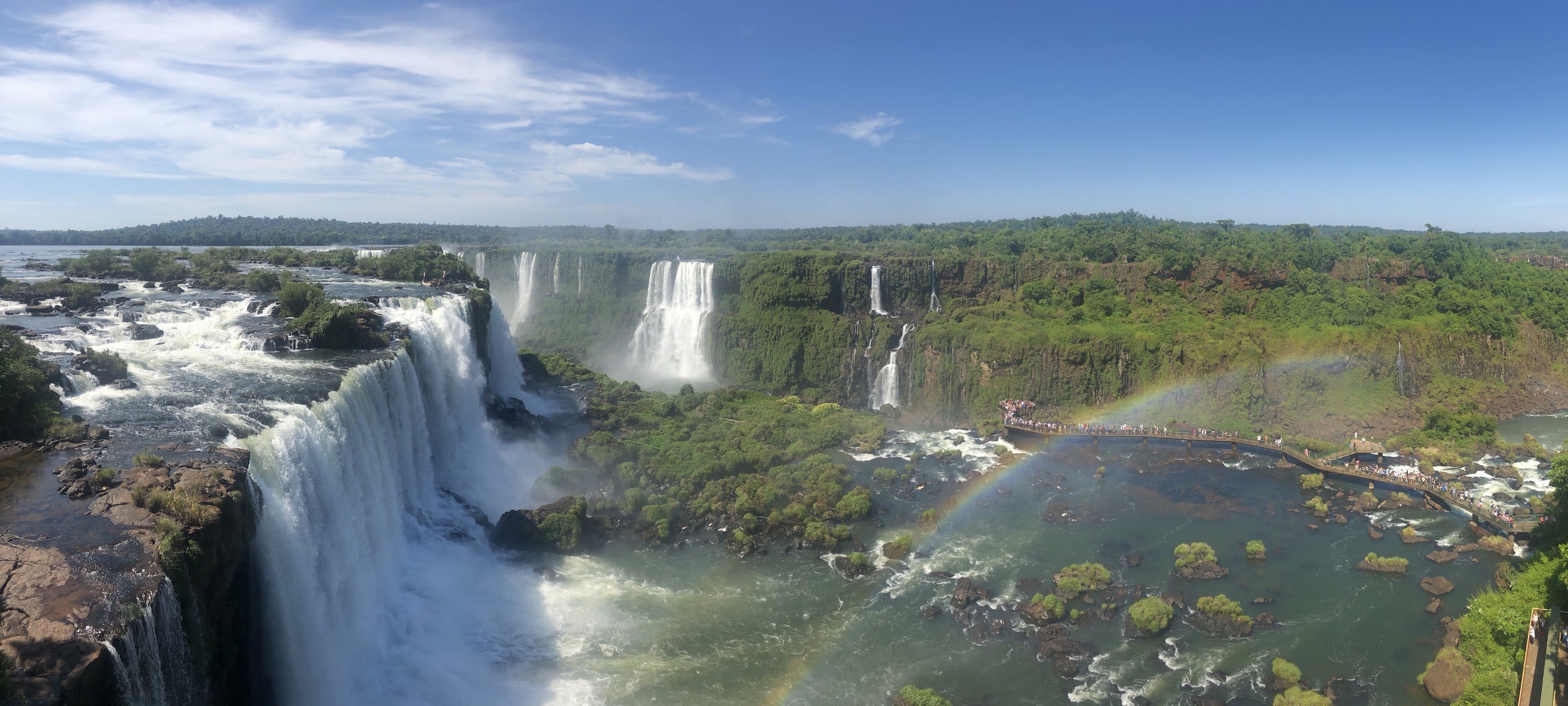 Birds eye view of Iguazu Falls with rainbow