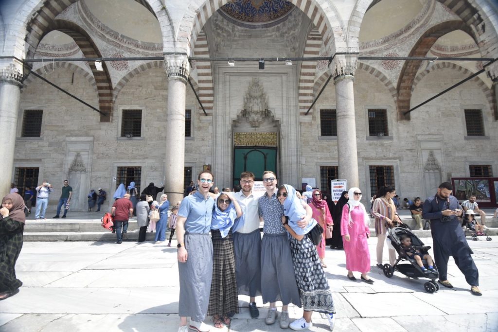 Five Friends in the Proper attire at the Blue Mosque