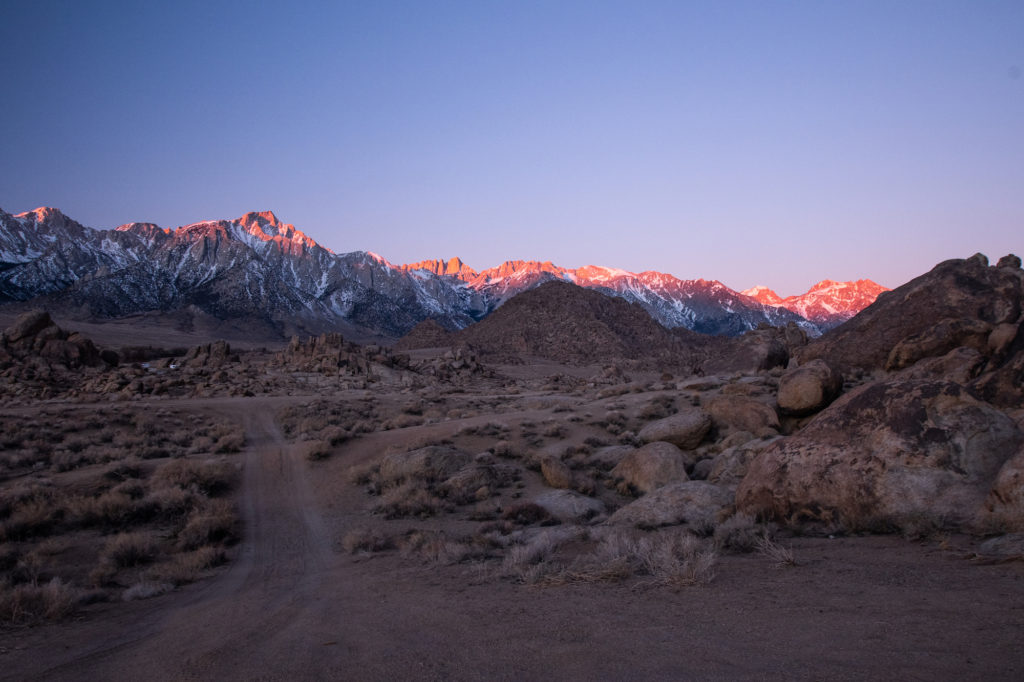 alabama hills with sunrise on the mountains