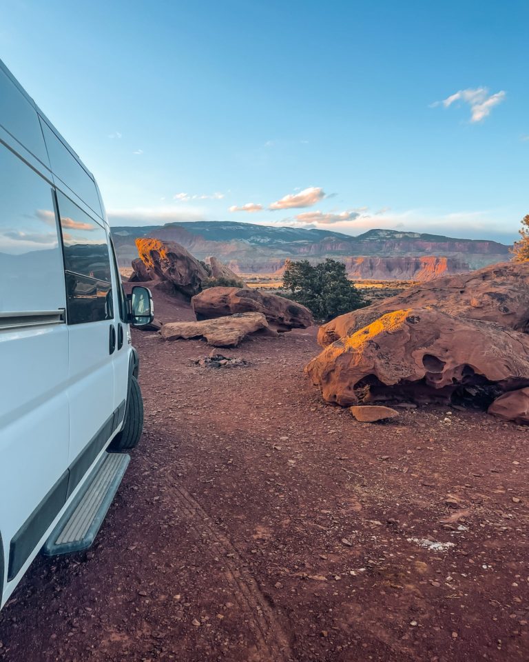 Van in front of Capitol Reef National Park after driving Scenic Byway 12