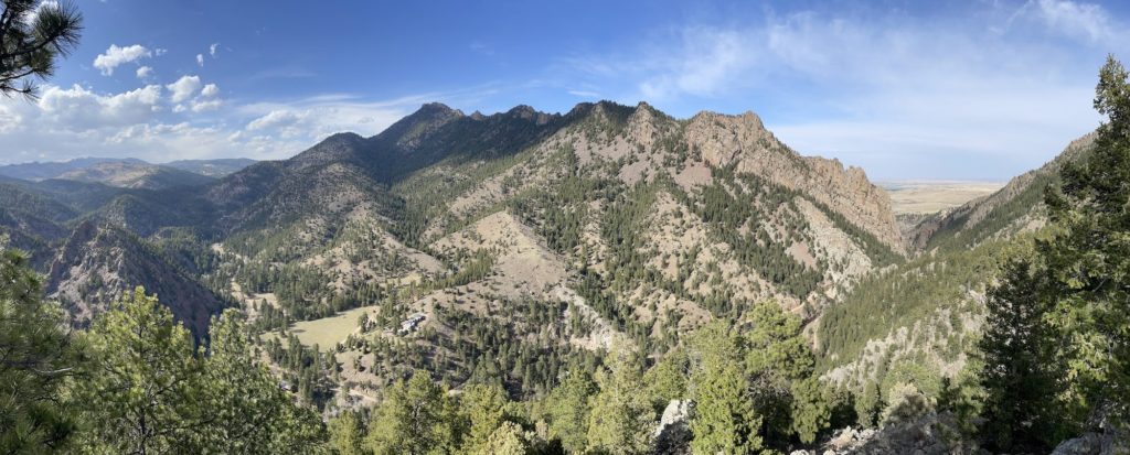 peak of Rattlesnake Gulch Trail with views of Rockys and Boulder