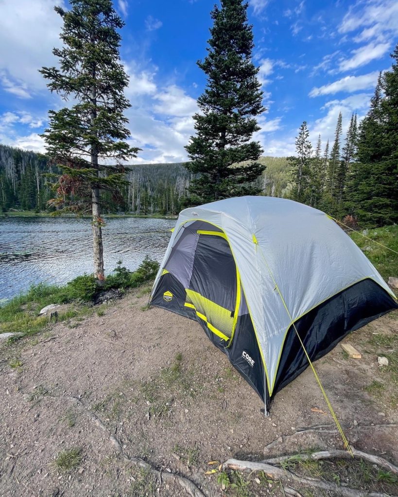 tent on the shores of sureshot lake