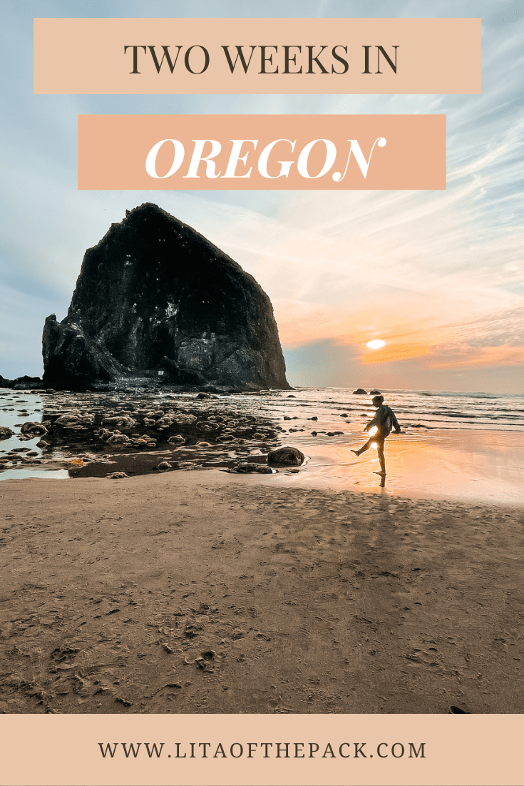 girl kicking out at sunset by haystack rock