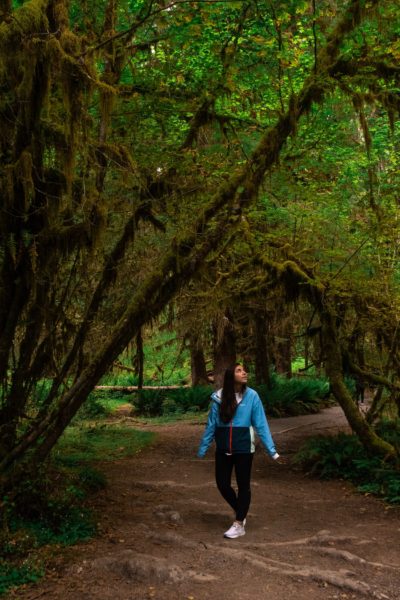 girl between trees in hoh rainforest