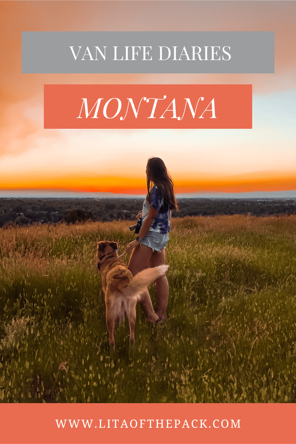 girl with dog at sunset in bozeman 