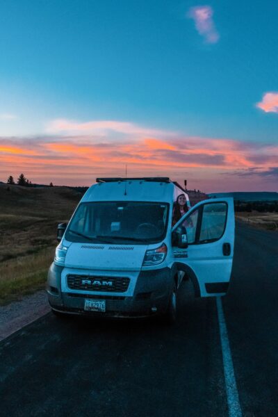 girl in van at devils tower