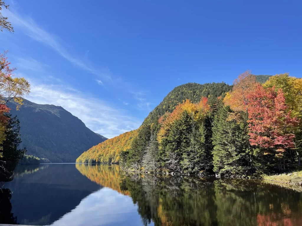trees with red and orange color reflecting in lake ausable