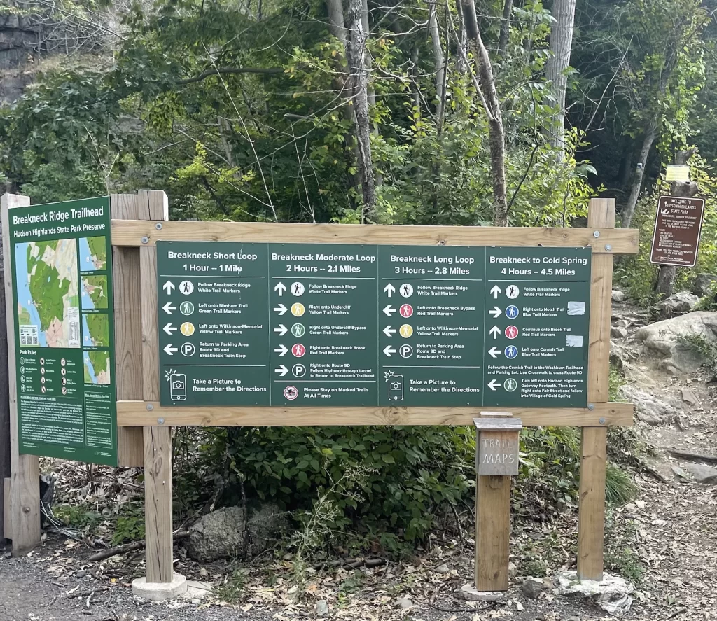 breakneck ridge trail sign with different route descriptions