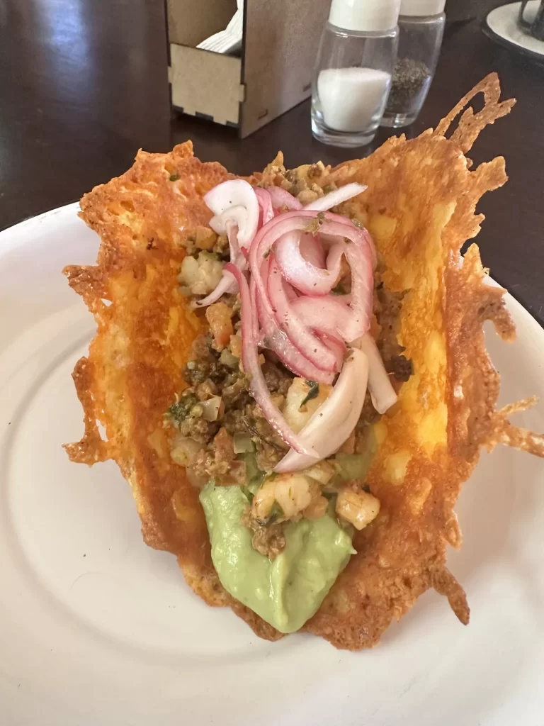 shrimp taco at rancho ecologico sol de mayo