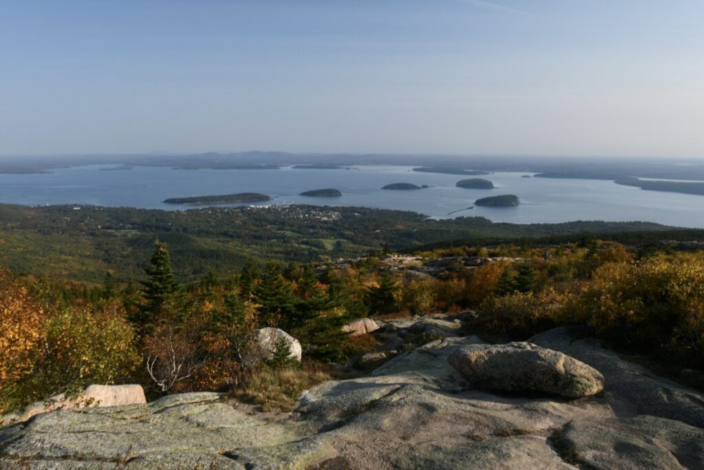Views over Cadillac Mountain with fall foliage