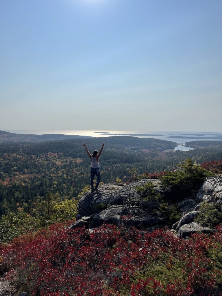 girl with hands up on a mountain in acadia with red bush in front of her