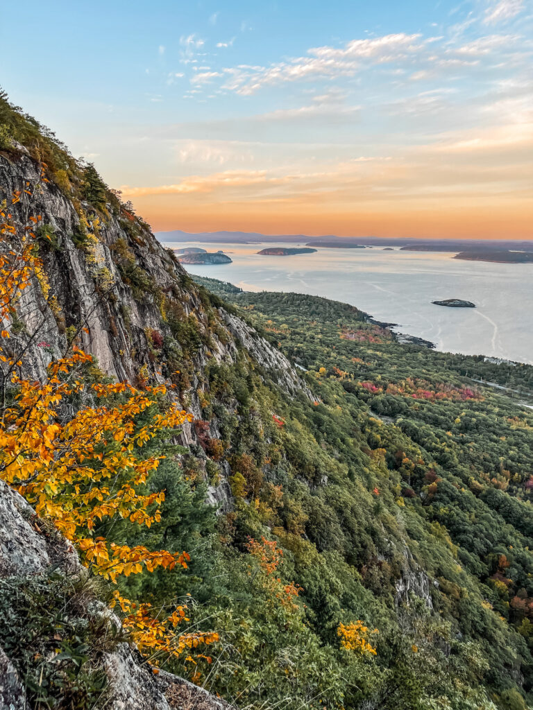 cliff side overlooking the sea with fall colors and sunset