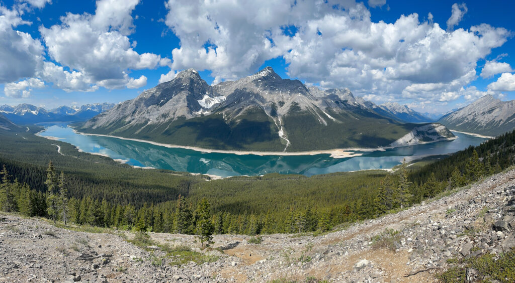 Panorama of Spray Lakes with Mountains above them