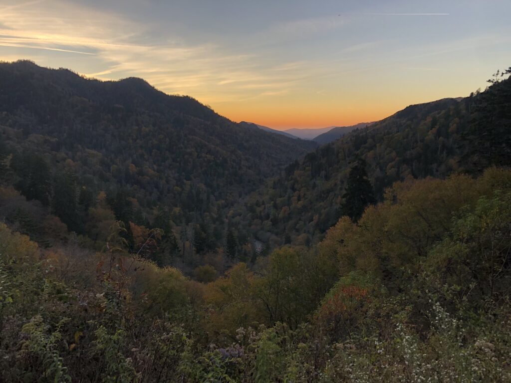 Great Smoky Mountains at sunset with colors lighting up the mountains