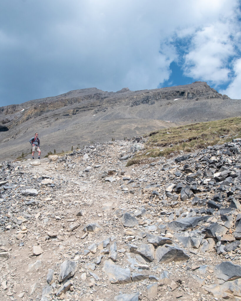 boy standing on the top of a path of scree 