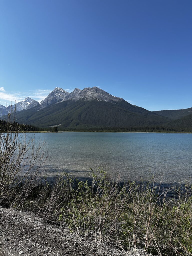 Lakeshore of Spray lakes with Mountain above