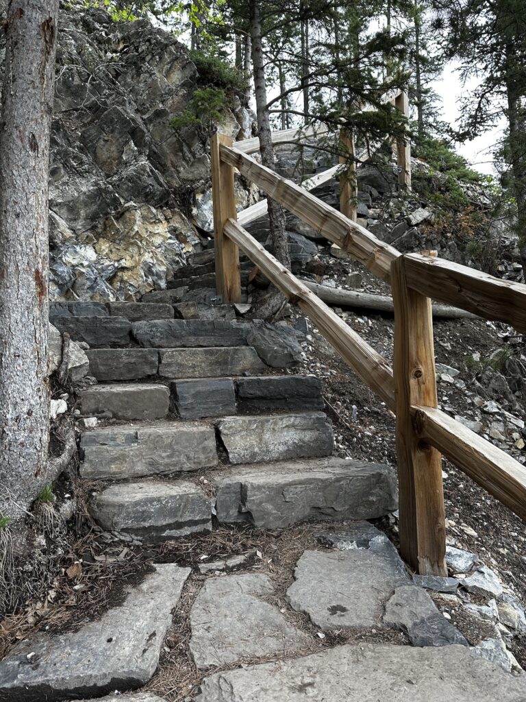 Stone Staircase with wooden handrails up to Grassi Lakes