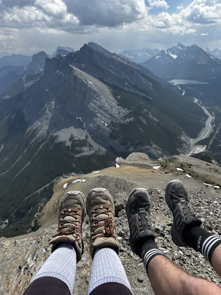 Hiking boots over a summit in the Kananaskis