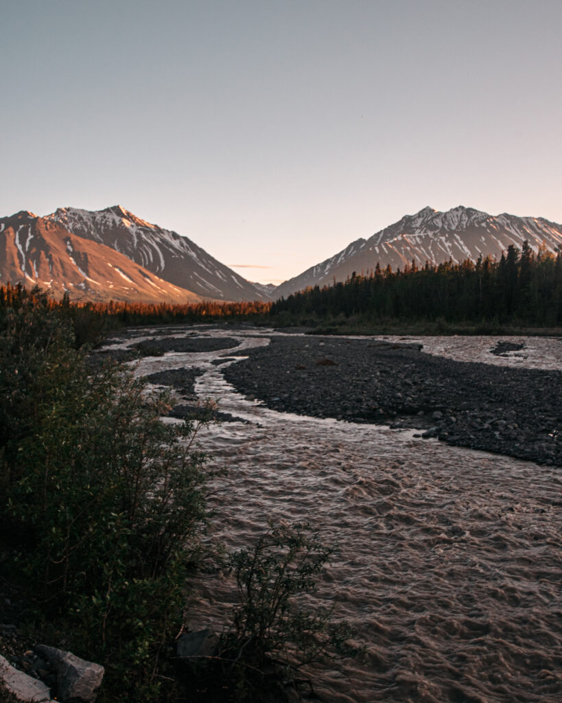sunset over two mountains in Kluane National Park