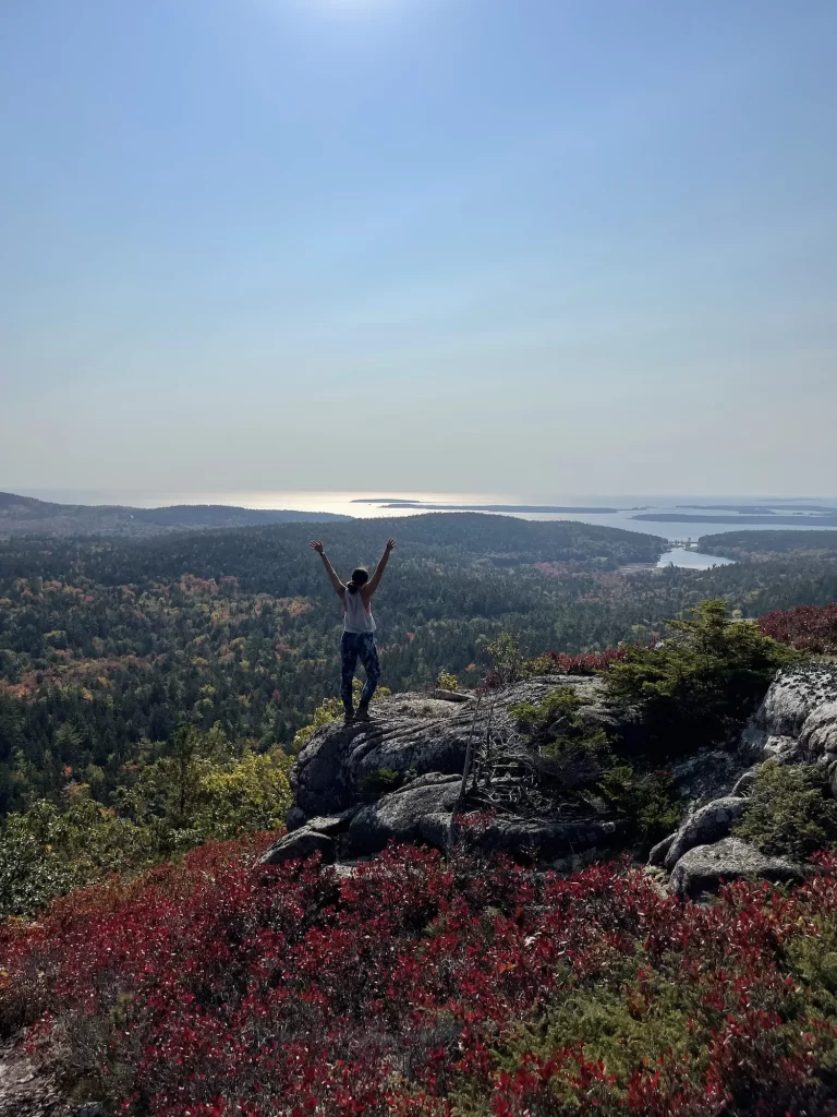 girl standing on a mountain with arms up