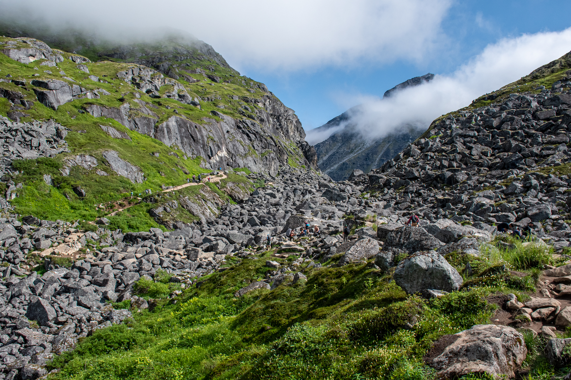 Boulder Field with people walking over the boulders