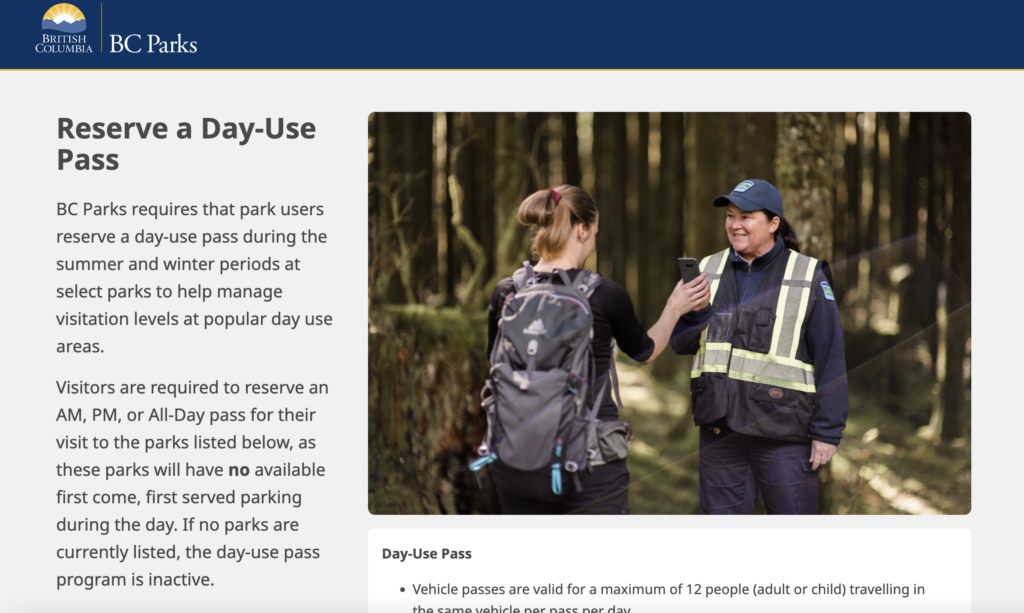 screenshot of page where you get day use passes for Garibaldi Lake
