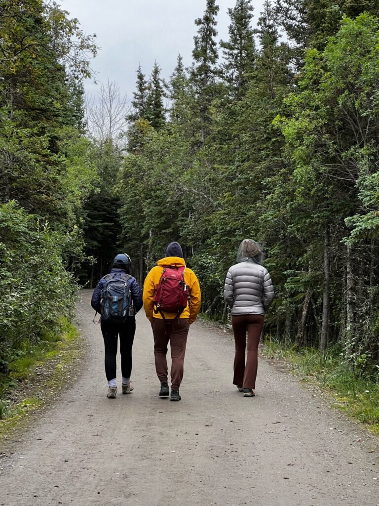 three people hiking in Katmai