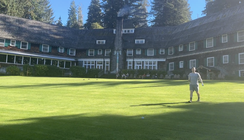 Man in front of Lake Quinault Lodge