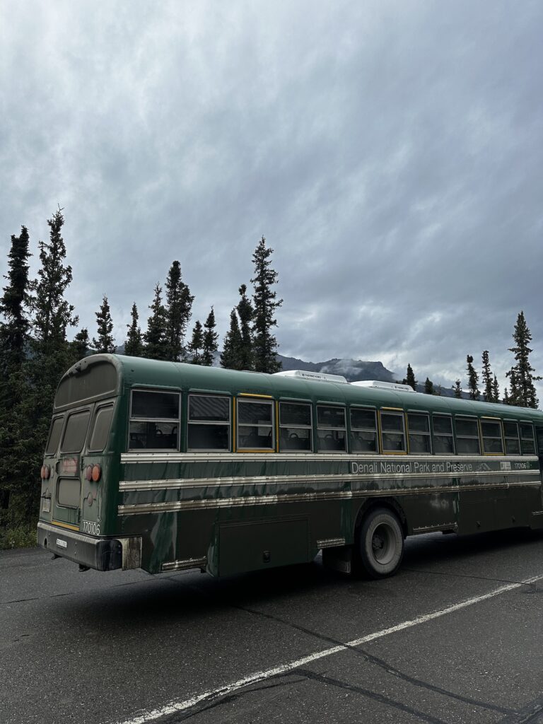 Transit bus in denali, green school bus