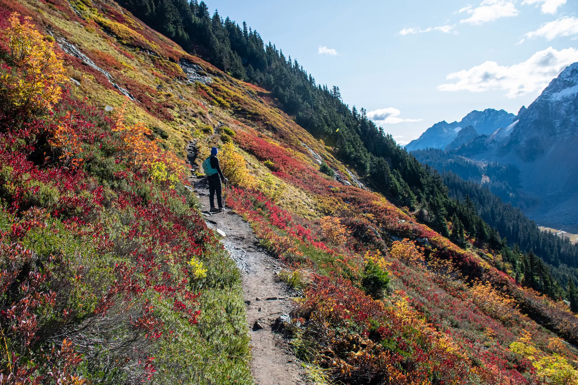 girl standing on a trail with fall colors in North Cascades