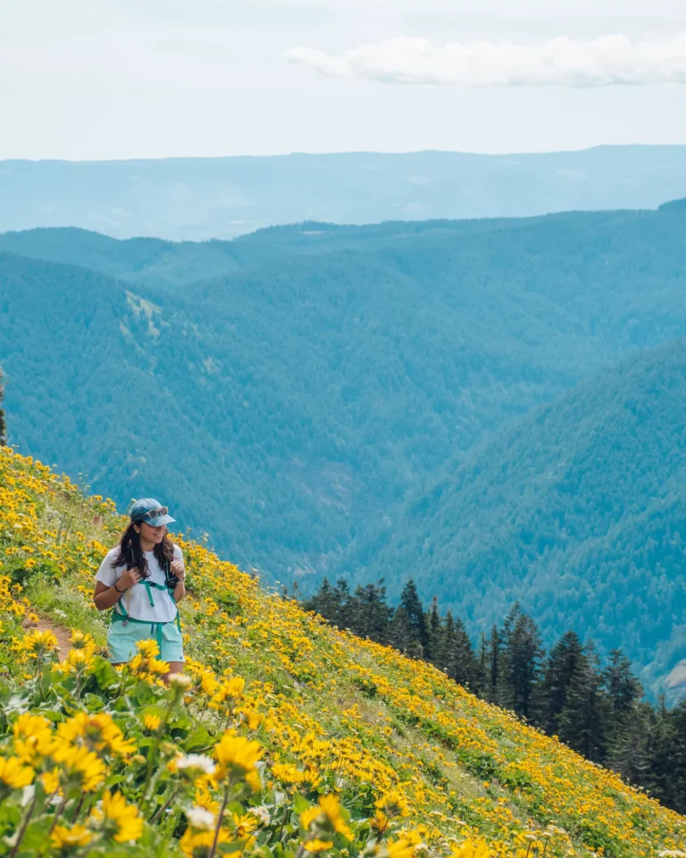 Girl walking through wildflowers on Dog Mountain