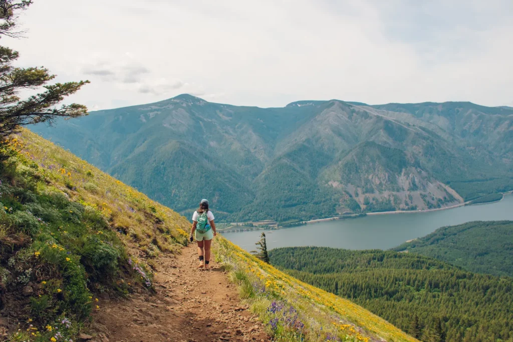girl walking on dog mountain trail with wildflowers