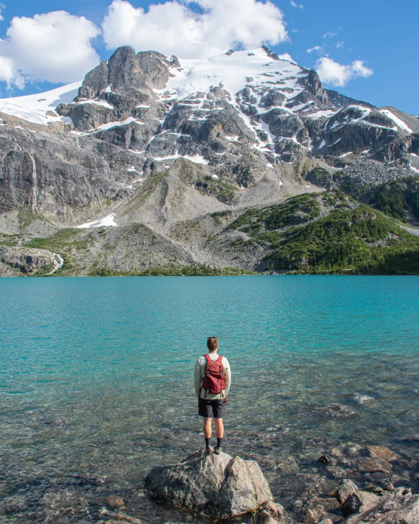 guy standing in front of upper joffre lakes