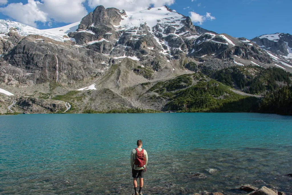 guy standing in front of upper joffre lakes