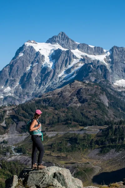 woman looking out at mt shuksan