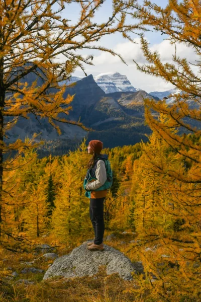 woman standing in the larches on Healy Pass