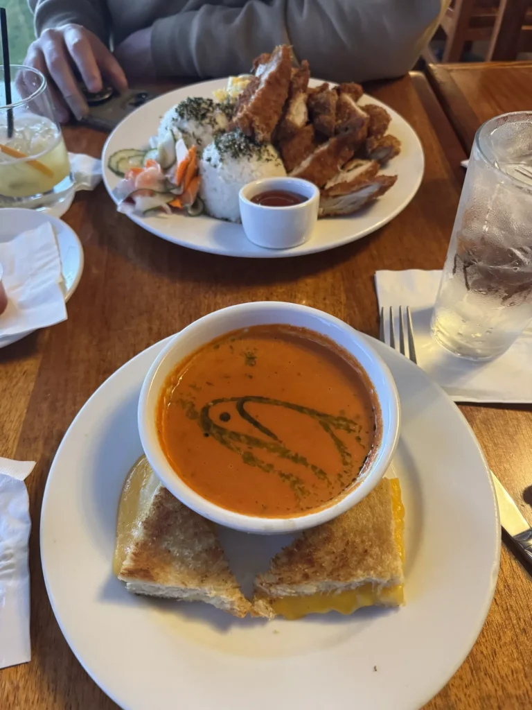 the food which is a tomato soup and grilled cheese and chicken katsu